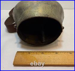 Antique Brass Swiss Cow Bell With Leather Strap 5 Tall