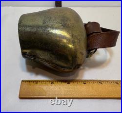Antique Brass Swiss Cow Bell With Leather Strap 5 Tall