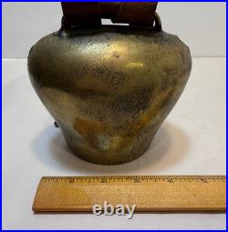 Antique Brass Swiss Cow Bell With Leather Strap 5 Tall