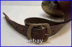 Antique Brass Swiss Cow Bell With Leather Strap 5 Tall