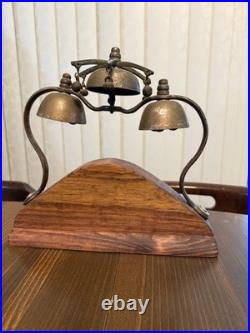 Antique Brass Tiered Horse Drawn Carriage Bells On Wooden Display Mount