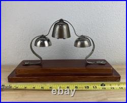 Antique Brass Tiered Horse Drawn Carriage Bells On Wooden Display Mount