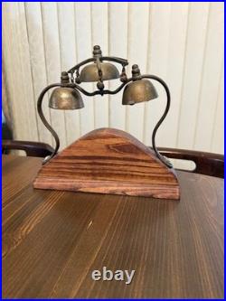 Antique Brass Tiered Horse Drawn Carriage Bells On Wooden Display Mount