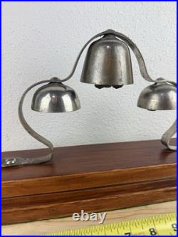 Antique Brass Tiered Horse Drawn Carriage Bells On Wooden Display Mount