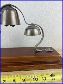 Antique Brass Tiered Horse Drawn Carriage Bells On Wooden Display Mount