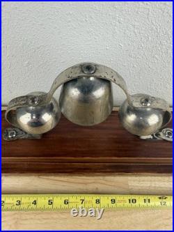 Antique Brass Tiered Horse Drawn Carriage Bells On Wooden Display Mount