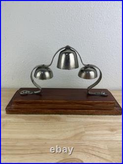 Antique Brass Tiered Horse Drawn Carriage Bells On Wooden Display Mount