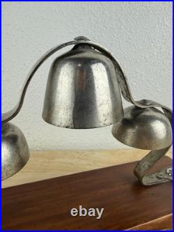 Antique Brass Tiered Horse Drawn Carriage Bells On Wooden Display Mount