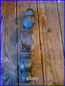 Antique Brass and Leather Sleigh Bells Four Bells