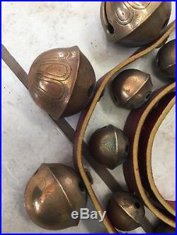 Antique Brass sleigh bells 20 Bells Graduated Sz 1 Through 13 Leather 67 Strap