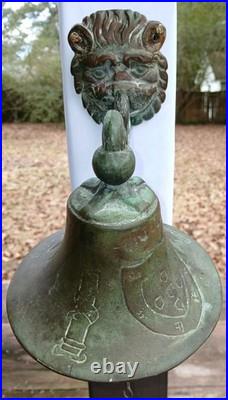 Antique Bronze Bell GROTESQUE LION Mask Engraved Coat Of Arms Celtic Cross ++