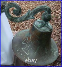 Antique Bronze Bell GROTESQUE LION Mask Engraved Coat Of Arms Celtic Cross ++