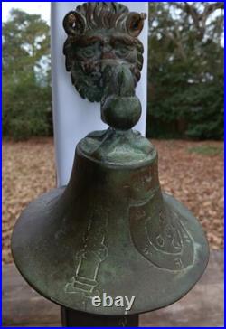 Antique Bronze Bell GROTESQUE LION Mask Engraved Coat Of Arms Celtic Cross ++
