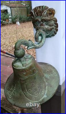 Antique Bronze Bell GROTESQUE LION Mask Engraved Coat Of Arms Celtic Cross ++