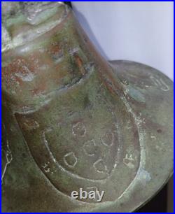Antique Bronze Bell GROTESQUE LION Mask Engraved Coat Of Arms Celtic Cross ++