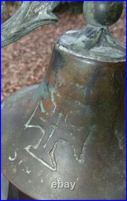 Antique Bronze Bell GROTESQUE LION Mask Engraved Coat Of Arms Celtic Cross ++