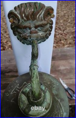 Antique Bronze Bell GROTESQUE LION Mask Engraved Coat Of Arms Celtic Cross ++