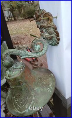 Antique Bronze Bell GROTESQUE LION Mask Engraved Coat Of Arms Celtic Cross ++