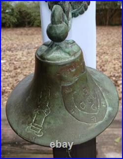 Antique Bronze Bell GROTESQUE LION Mask Engraved Coat Of Arms Celtic Cross ++
