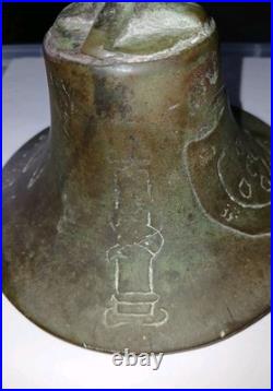 Antique Bronze Bell GROTESQUE LION Mask Engraved Coat Of Arms Celtic Cross ++