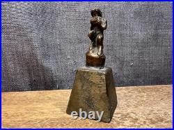 Antique Bronze/Brass Hand Bell Fawn Figure Playing Pan Flute Square Vintage