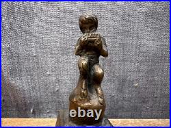 Antique Bronze/Brass Hand Bell Fawn Figure Playing Pan Flute Square Vintage
