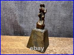Antique Bronze/Brass Hand Bell Fawn Figure Playing Pan Flute Square Vintage
