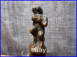 Antique Bronze/Brass Hand Bell Fawn Figure Playing Pan Flute Square Vintage