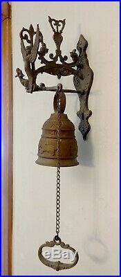 Antique Bronze Brass Monastery Door Bell with Angel, Original Chain Pull, Complete