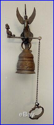 Antique Bronze Brass Monastery Door Bell with Angel, Original Chain Pull, Complete