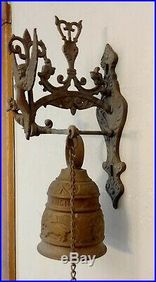 Antique Bronze Brass Monastery Door Bell with Angel, Original Chain Pull, Complete