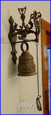 Antique Bronze Brass Monastery Door Bell with Angel, Original Chain Pull, Complete