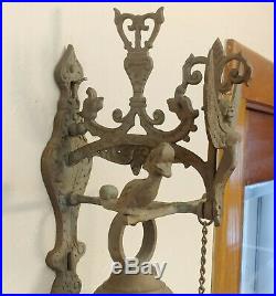 Antique Bronze Brass Monastery Door Bell with Angel, Original Chain Pull, Complete