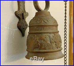 Antique Bronze Brass Monastery Door Bell with Angel, Original Chain Pull, Complete