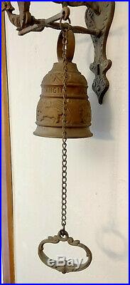 Antique Bronze Brass Monastery Door Bell with Angel, Original Chain Pull, Complete