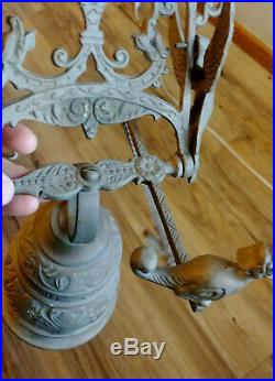 Antique Bronze Brass Monastery Door Bell with Angel, Original Chain Pull, Complete