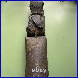 Antique COWBELL 1880's Cow Worn, Farmer Repaired Leather, Hand Carved Clapper