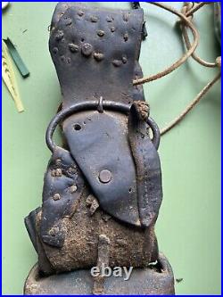 Antique COWBELL 1880's Cow Worn, Farmer Repaired Leather, Hand Carved Clapper