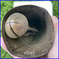 Antique COWBELL 1880's Cow Worn, Farmer Repaired Leather, Hand Carved Clapper