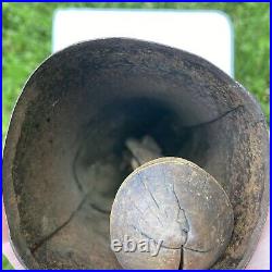 Antique COWBELL 1880's Cow Worn, Farmer Repaired Leather, Hand Carved Clapper