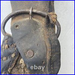 Antique COWBELL 1880's Cow Worn, Farmer Repaired Leather, Hand Carved Clapper