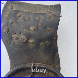 Antique COWBELL 1880's Cow Worn, Farmer Repaired Leather, Hand Carved Clapper