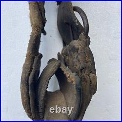 Antique COWBELL 1880's Cow Worn, Farmer Repaired Leather, Hand Carved Clapper