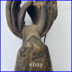 Antique COWBELL 1880's Cow Worn, Farmer Repaired Leather, Hand Carved Clapper