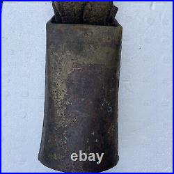 Antique COWBELL 1880's Cow Worn, Farmer Repaired Leather, Hand Carved Clapper