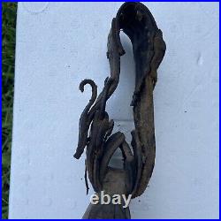 Antique COWBELL 1880's Cow Worn, Farmer Repaired Leather, Hand Carved Clapper