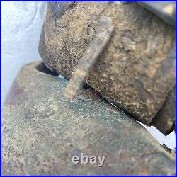 Antique COWBELL 1880's Cow Worn, Farmer Repaired Leather, Hand Carved Clapper