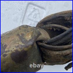 Antique COWBELL 1880's Cow Worn, Farmer Repaired Leather, Hand Carved Clapper