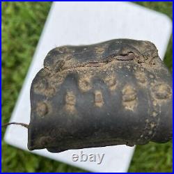 Antique COWBELL 1880's Cow Worn, Farmer Repaired Leather, Hand Carved Clapper