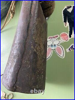 Antique COWBELL 1880's Cow Worn, Farmer Repaired Leather, Hand Carved Clapper